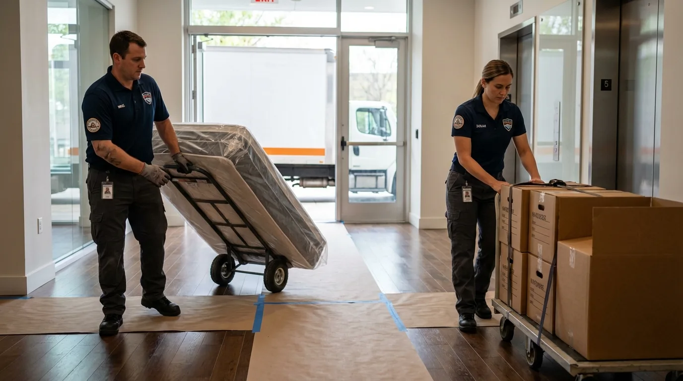 Professional apartment movers loading elevator in Beckley, WV